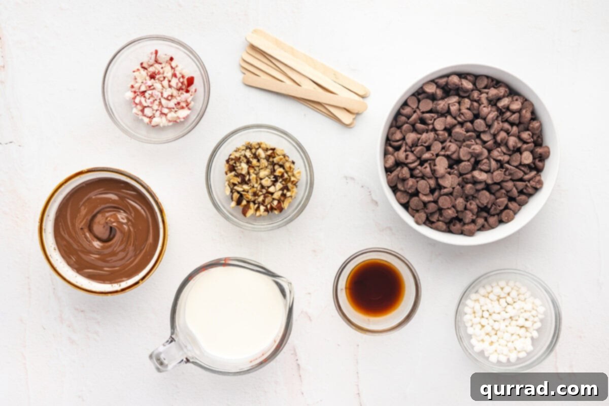 Overhead view of ingredients needed to make hot cocoa on a stick, including chocolate chips, Nutella, heavy cream, and coconut oil.