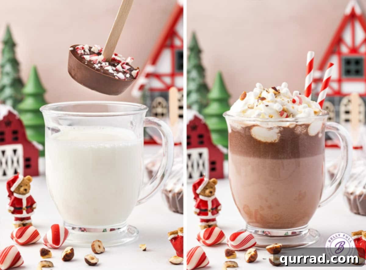 A hot chocolate on a stick being added to hot milk on the left and a photo of the finished hot chocolate on the right.