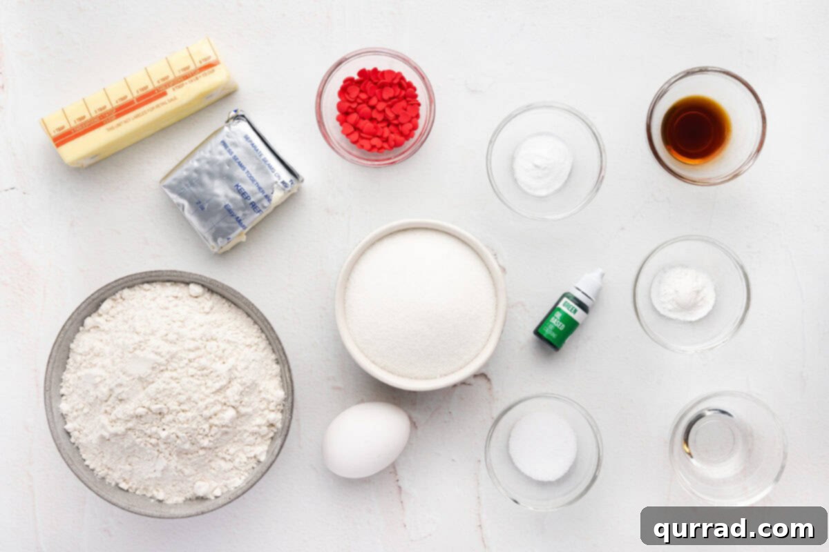 Overhead view of ingredients needed to make Grinch cookies