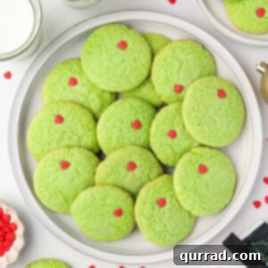 Overhead view of a plate of Grinch cookies
