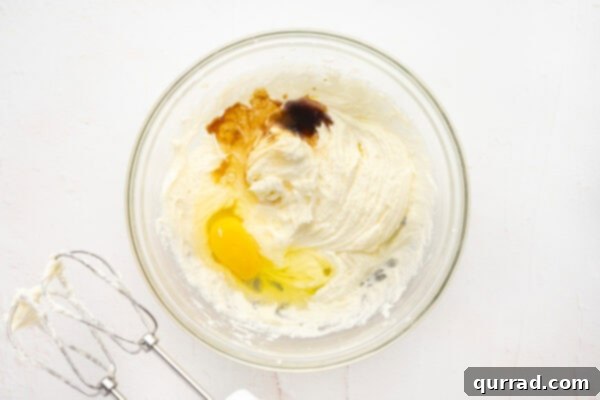 Egg and vanilla added to creamed butter and sugar in a bowl