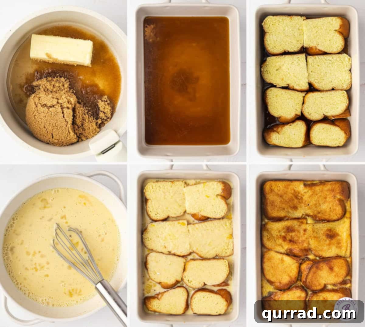 Process shots of how to make eggnog French toast casserole