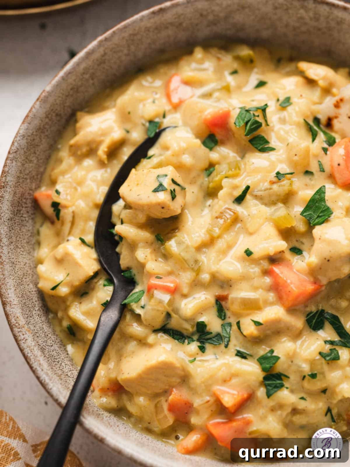 Indulge in a bowl of creamy, richly spiced Mulligatawny Soup, made easy with chicken, rice, and aromatic curry powder. An authentic Indian comfort food! A close-up shot of a steaming bowl of Mulligatawny Soup garnished with fresh parsley, ready to be enjoyed with a black spoon.