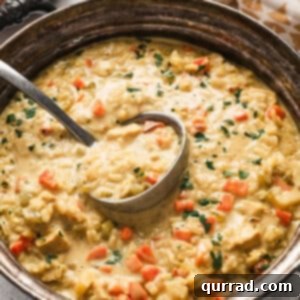 Overhead view of a pot of Mulligatawny Soup with a ladle