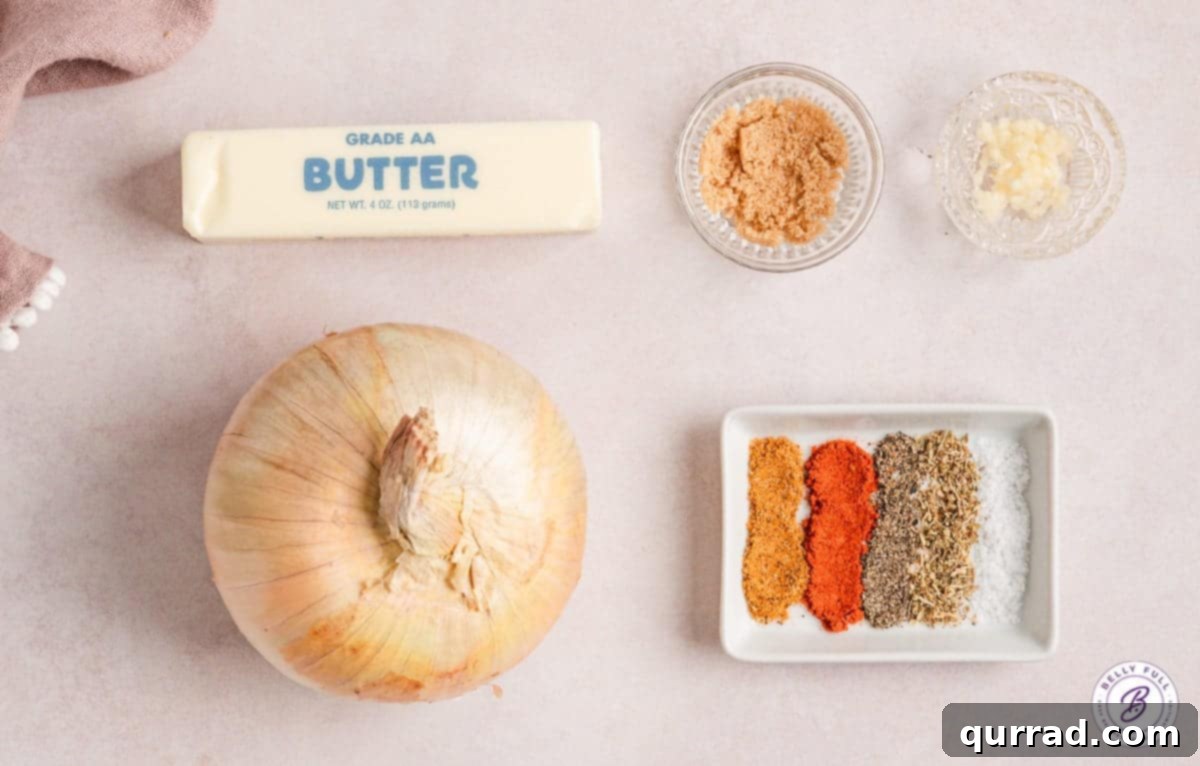 A sweet Vidalia onion is coated with butter, spices, and garlic and then baked in foil in this Onion Boil recipe. Simple & versatile! Overhead view of ingredients needed to make an onion boil