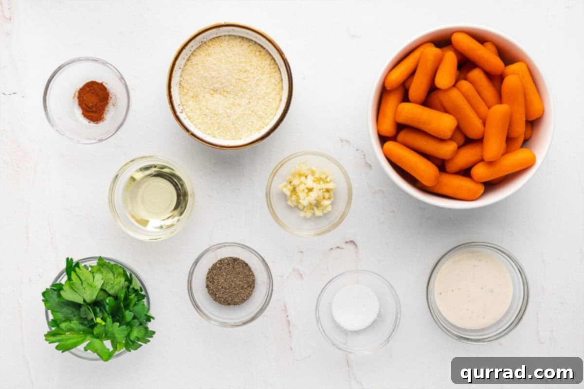 Overhead view of fresh ingredients including baby carrots, parmesan cheese, olive oil, garlic, and various spices arranged on a light surface