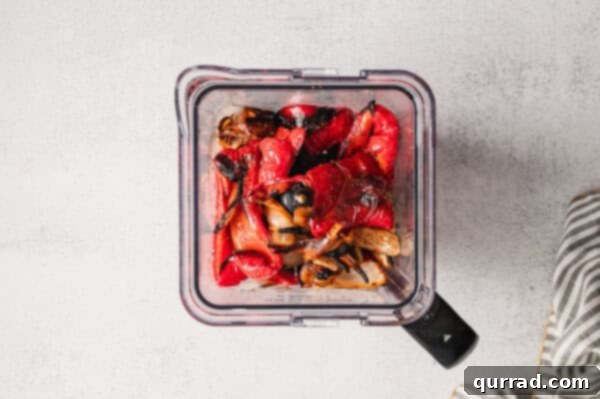 Roasted red pepper and sweet onion in a blender.