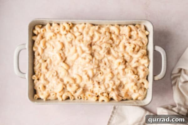 French Onion Macaroni Gratin 12 French onion mac and cheese sauce in a baking dish.