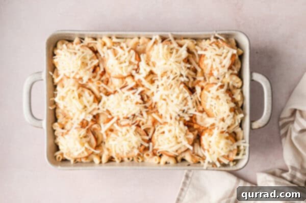 French Onion Macaroni Gratin 15 Shredded cheese sprinkled on top of French onion mac and cheese sauce in a baking dish.