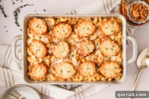French Onion Macaroni Gratin 16 Freshly baked French onion mac and cheese sauce in a baking dish.