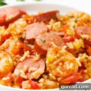 jambalaya with kielbasa, shrimp, and rice in bowl