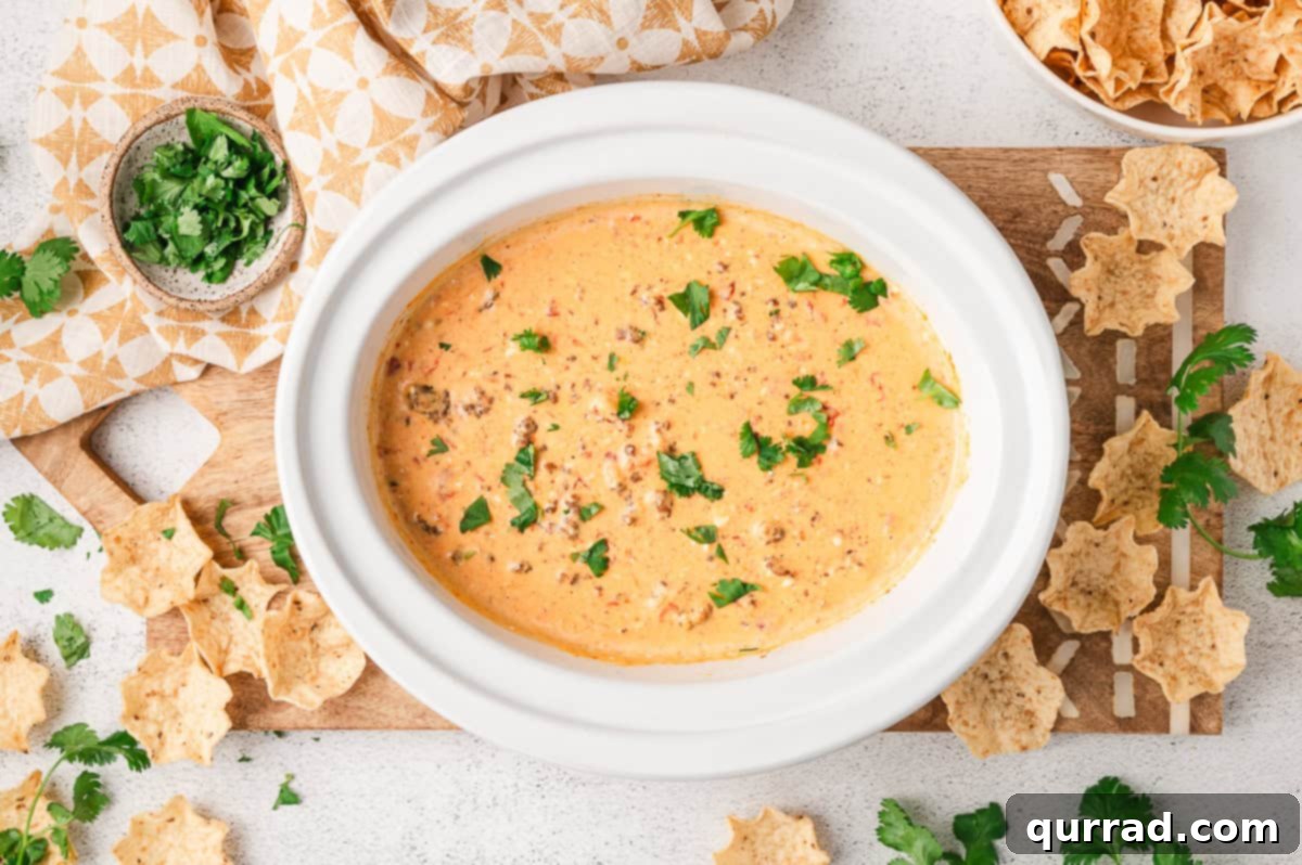 Overhead view of a crockpot filled with hot, creamy Rotel and sausage cheese dip, surrounded by tortilla chips.