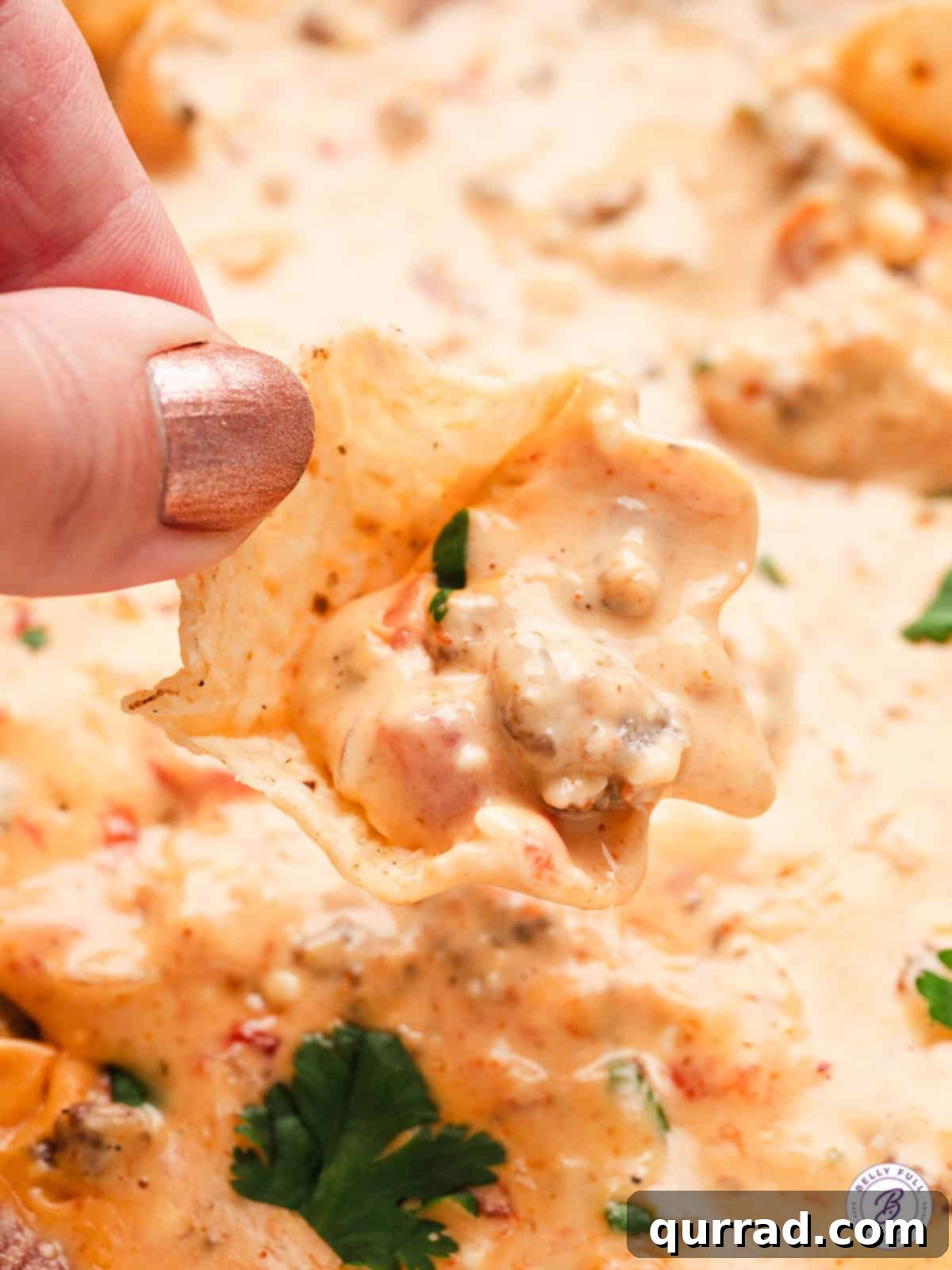 A hand holding a golden tortilla chip generously dipped into the thick, cheesy Rotel and sausage dip.