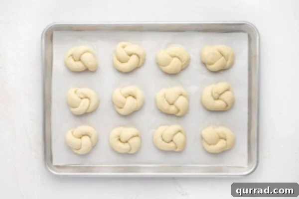 Unbaked knots of dough neatly arranged on a parchment-lined baking sheet.