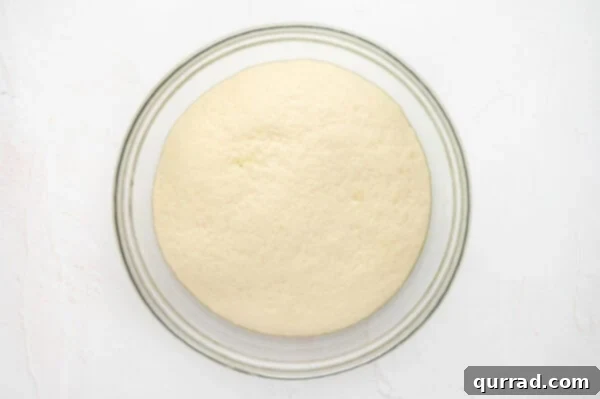 Dough in a glass bowl after successfully rising and doubling in size.