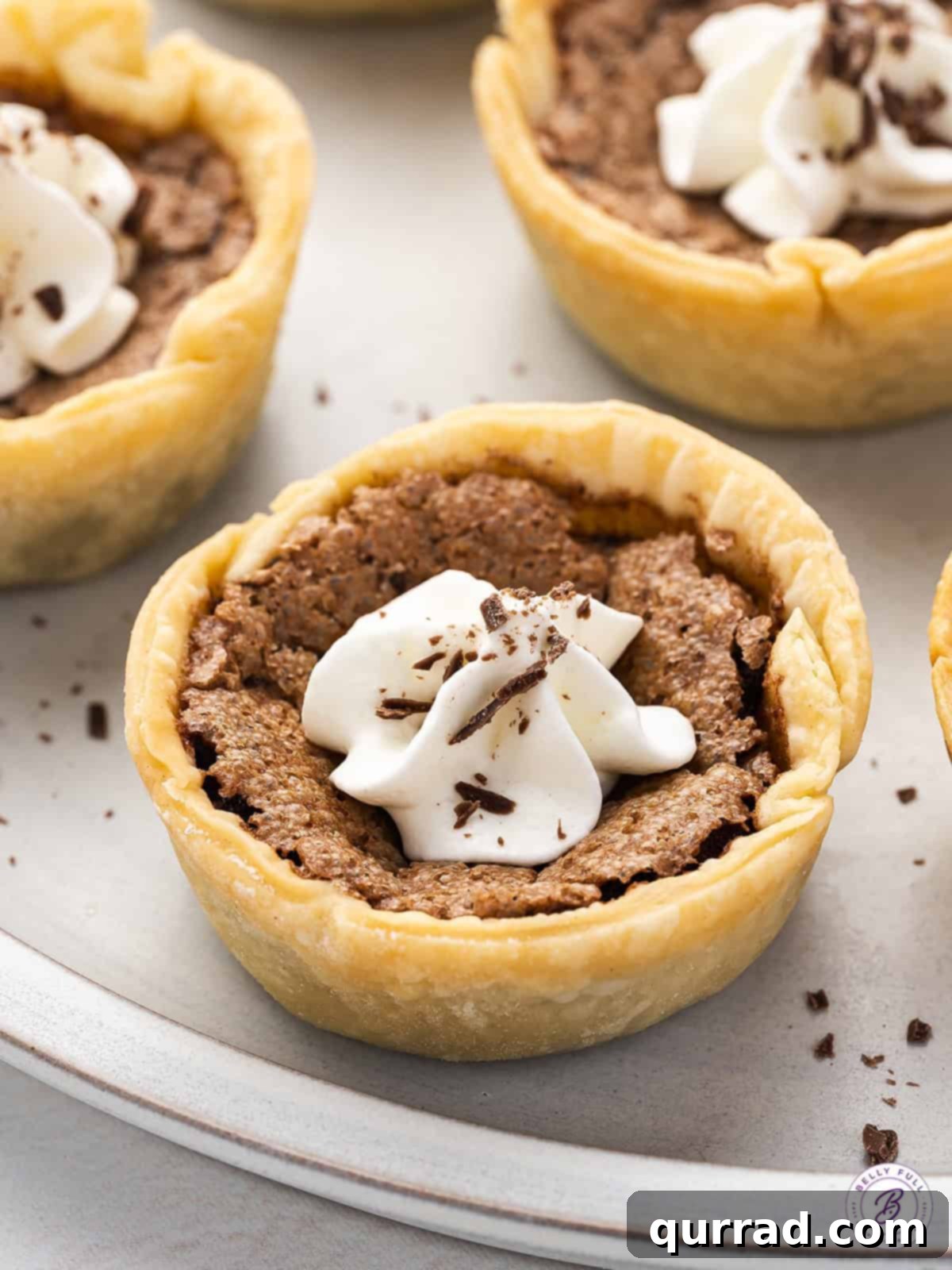 These Mini Chocolate Pies are smooth and creamy with a rich chocolate flavor. The perfect serving size, these are great for parties! Mini chocolate pies on a plate