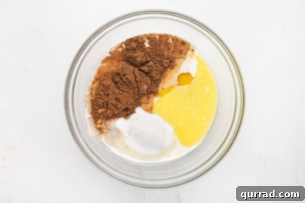 Chocolate pie filling ingredients in a bowl