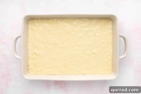 Unbaked cake batter poured into a ceramic casserole dish, ready for the oven, showing its smooth surface.
