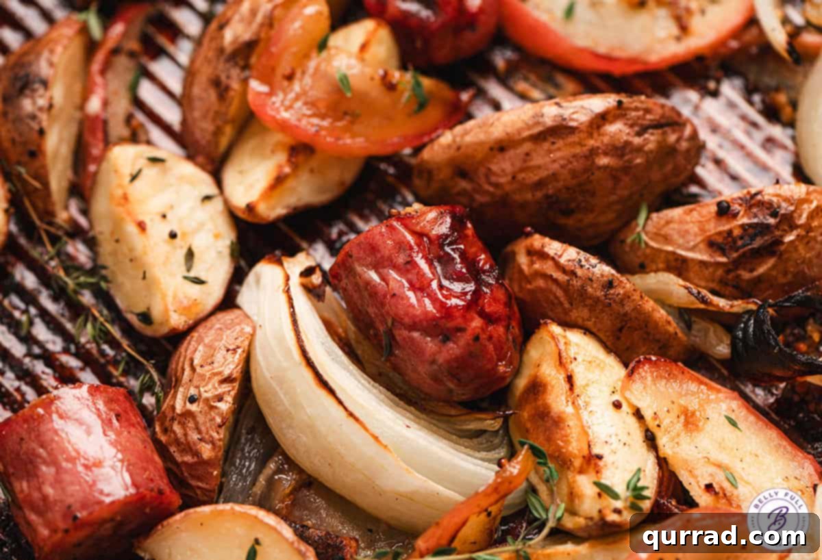 Harvest Sheet Pan Sausage and Apple Dinner 7 Overhead shot of a full sheet pan with beautifully roasted potato, apple, and sausage, ready to be served.