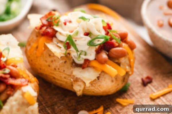 Loaded Baked Potato Delights 10 Side close up view of stuffed jacket potatoes, topped with beans, cheese, and whipped cream cheese.