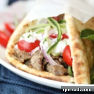 Close up image of a finished Beef Gyro