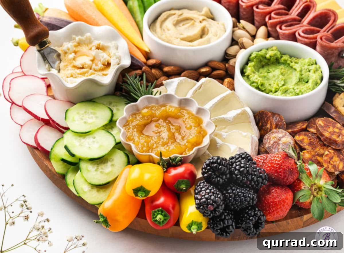 This Spring Charcuterie Board is loaded with spring produce, cheese, cured meats, nuts, and spreads. An easy appetizer for any gathering! A beautiful side view of the assembled Spring Charcuterie Board, highlighting the layers and variety of fresh ingredients, cheeses, and meats.