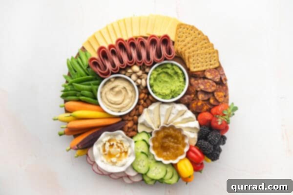 Fully assembled spring charcuterie board with all components including nuts and crackers