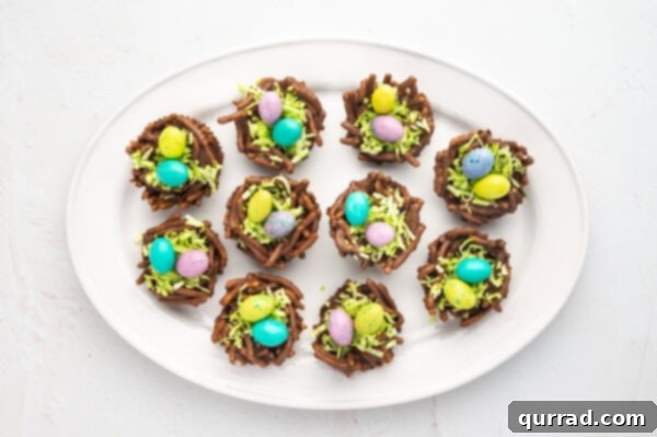 Overhead view of bird's nest cookies on a platter