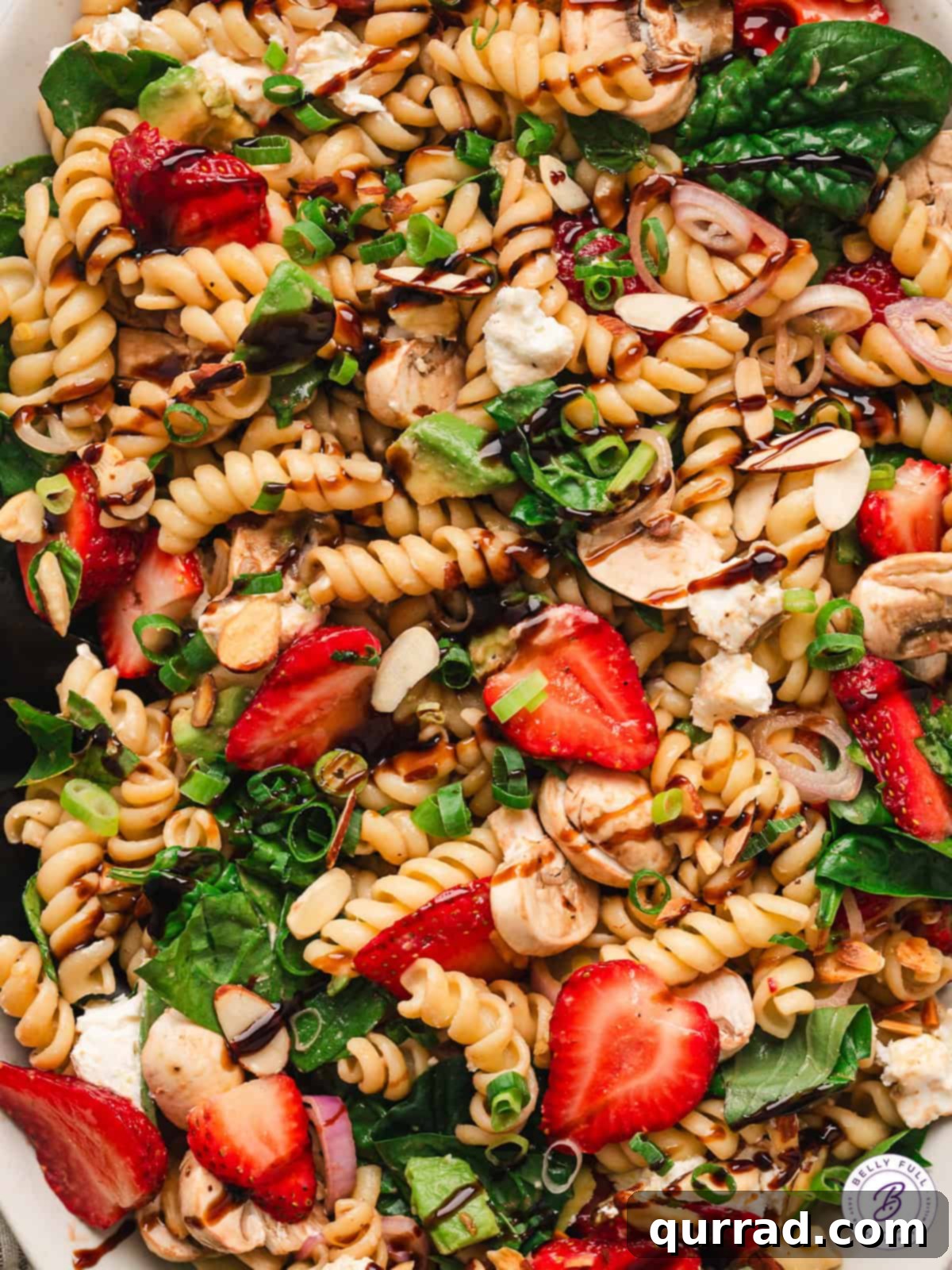 Overhead view of strawberry balsamic pasta salad