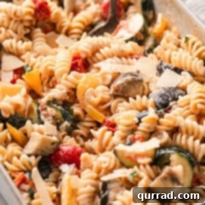 A baking dish of ratatouille pasta