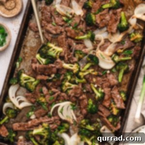 Overhead view of sheet pan beef & broccoli