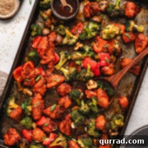 Crispy Oven Baked General Tso Chicken 2 Overhead view of sheet pan General Tso's chicken