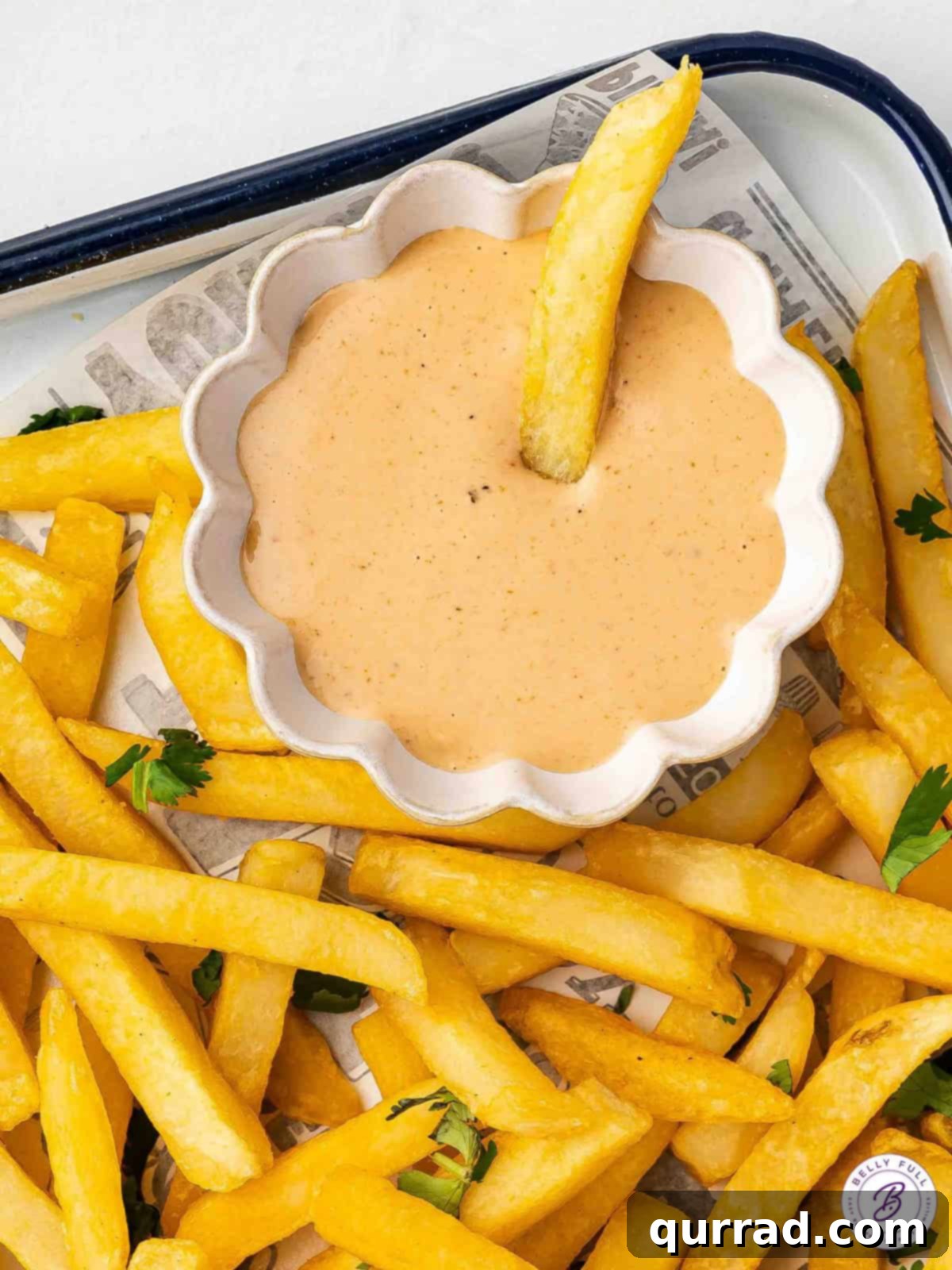 The Encore Sauce 6 Overhead view of a plate of golden French fries with a small dish of comeback sauce for dipping.