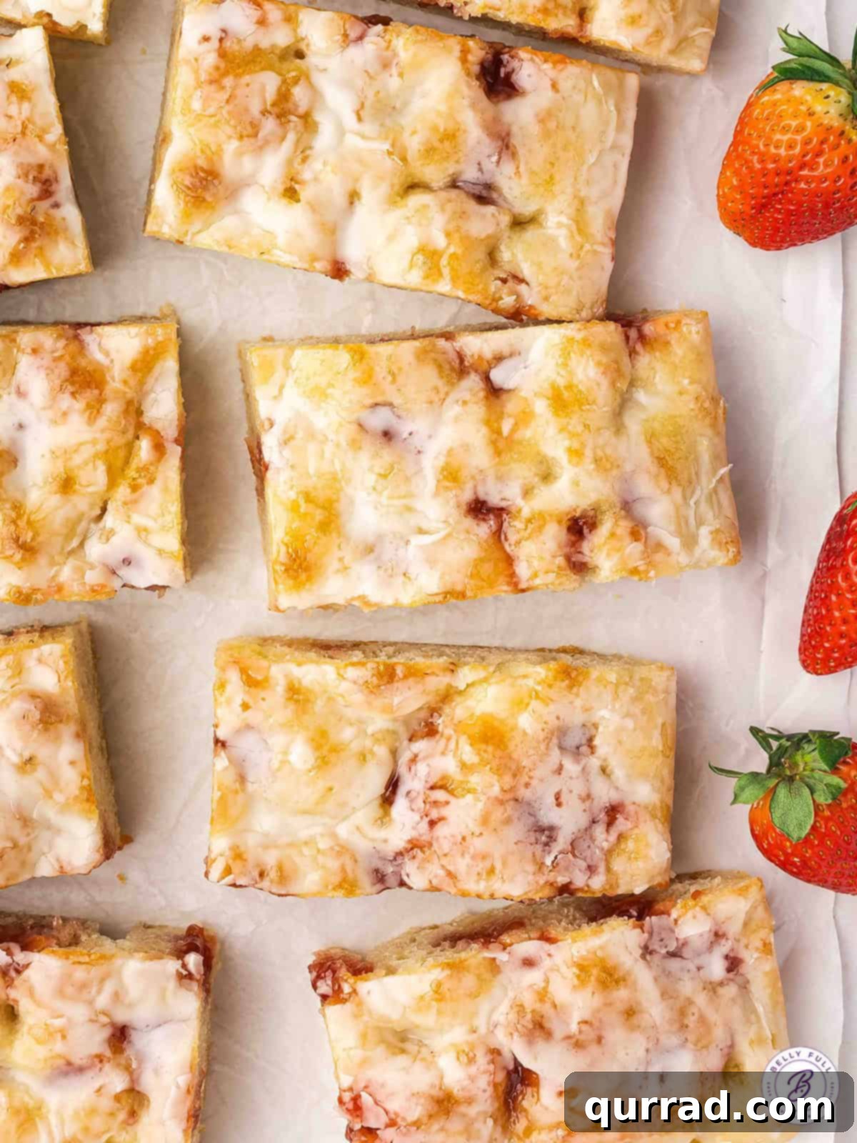 Soft focaccia bread is infused with strawberry jam and topped with a yummy glaze in this Jelly Donut Focaccia recipe. Super easy to make! Overhead view of sliced jelly donut focaccia, revealing the jam filling and sweet glaze