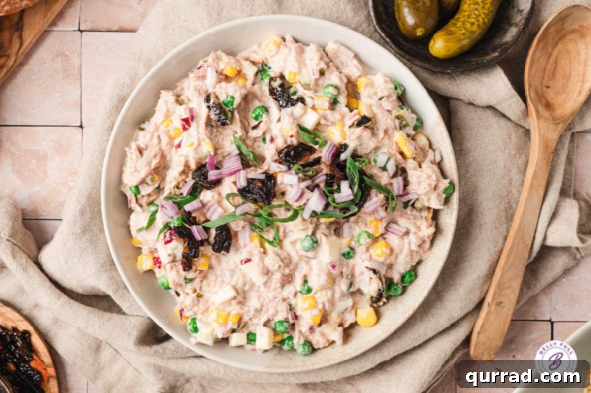 Matthew McConaughey's Tuna Salad combines your classic tuna salad ingredients with a handful of sweet, spicy, and crunchy ingredients, offering a bold and refreshing twist. Overhead view of a plate of Matthew McConaughey's tuna salad