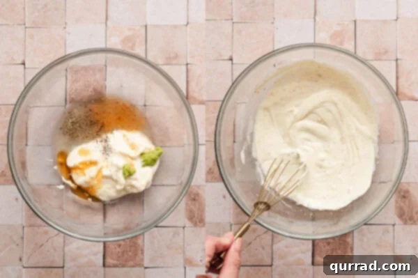 A bowl with mayo, wasabi, vineger, and honey and a bowl of the combined ingredients