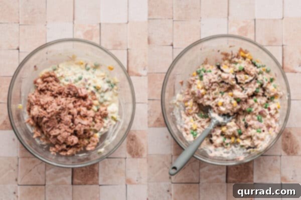 Adding tuna to the mayo mixture