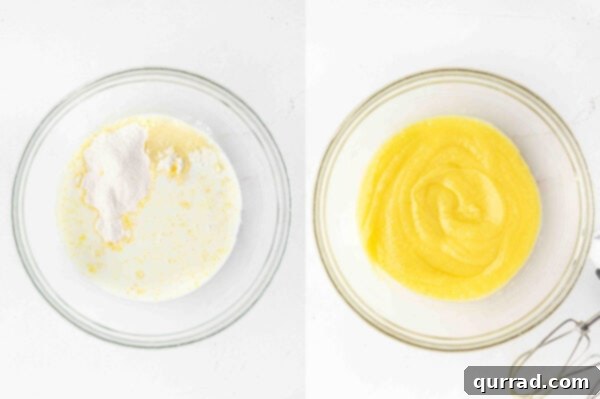 Vanilla pudding mix being beaten with pineapple juice and milk.