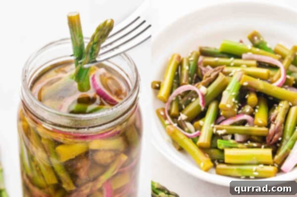 A photo of a fork pulling asparagus from the jar and a photo of a bowl of pickled asparagus salad