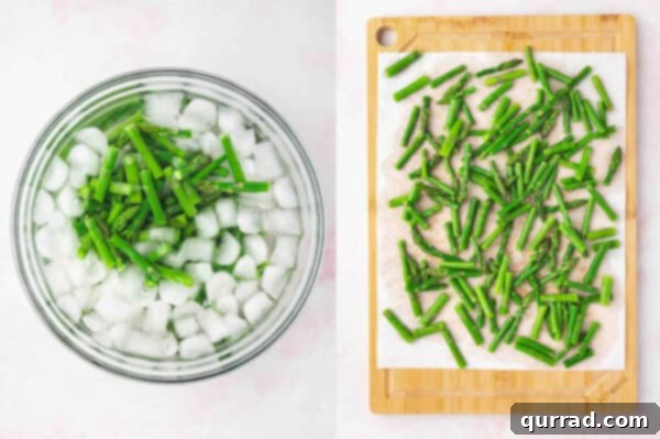 Asparagus in an ice bath and asparagus on a paper towel