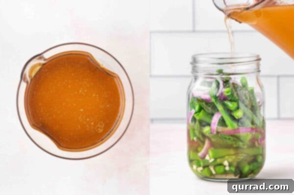 A bowl of pickling liquid and adding it to the jar of asparagus