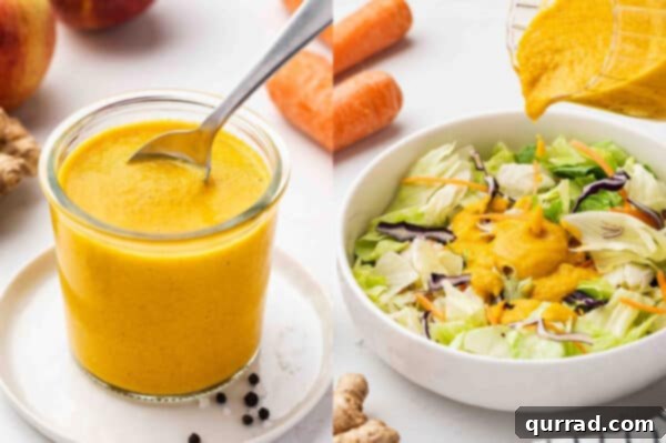 A glass jar of carrot-ginger dressing and the dressing being drizzled over a fresh salad