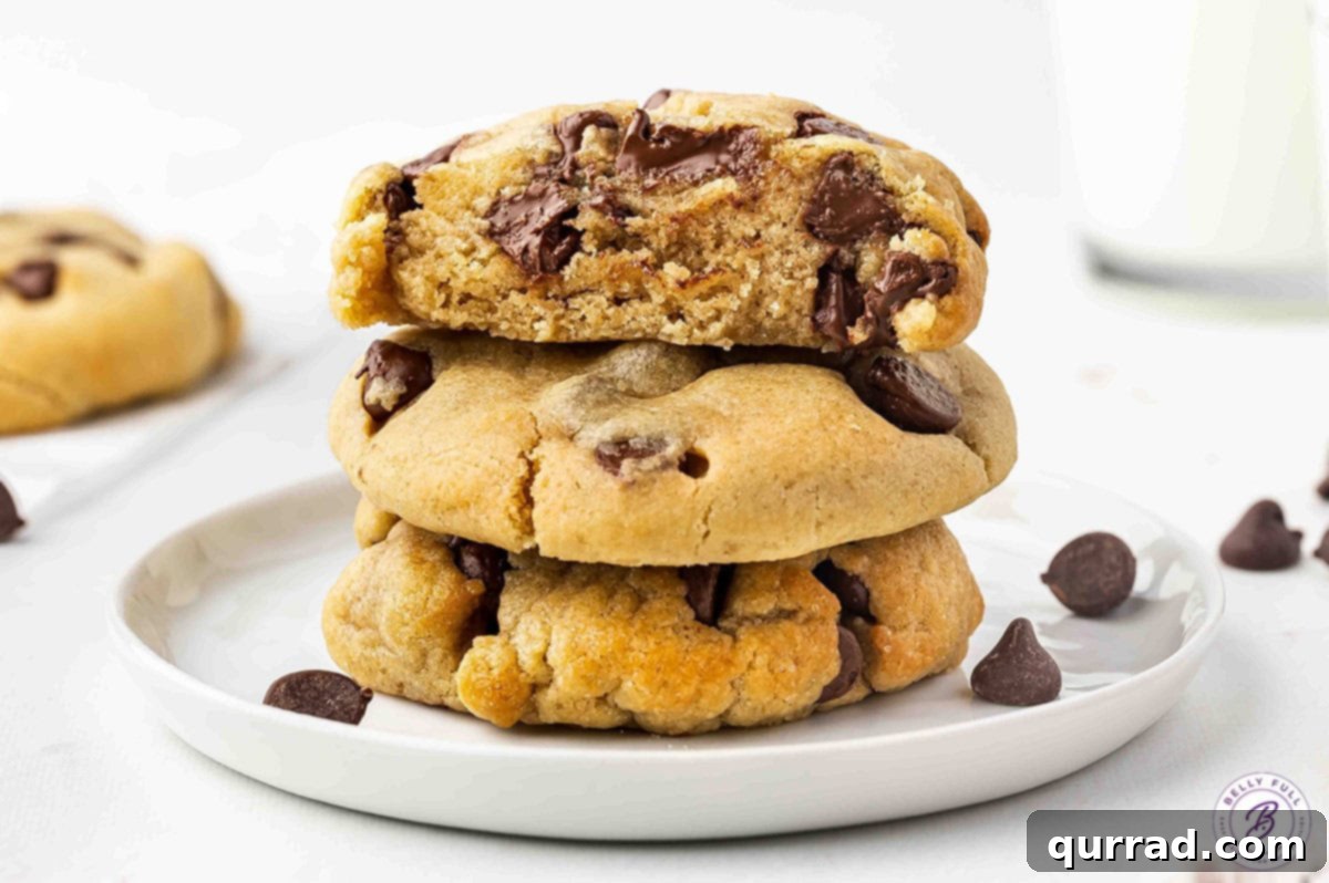 Three delicious chocolate chip cookies Three perfectly baked air fryer chocolate chip cookies on a simple white plate, ready to be enjoyed.