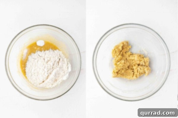 Adding flour to the cookie dough mixture