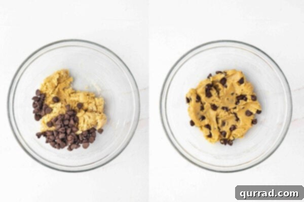 Folding chocolate chips into single serve chocolate chip cookie dough