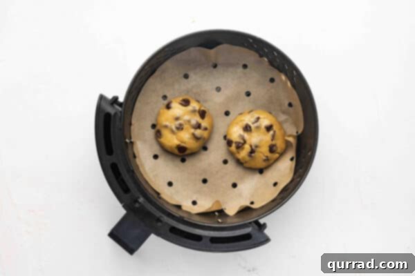Single serve chocolate chip cookie dough prepared for the air fryer