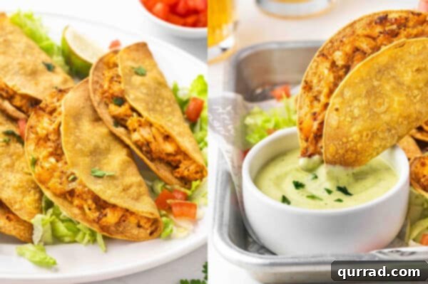 A beautifully presented plate of air fryer chicken tacos, with one taco being dipped into a small bowl of creamy avocado-lime sauce, ready to be enjoyed.