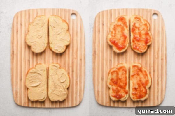 Four slices of bread with Dijon mustard and jam spread on them