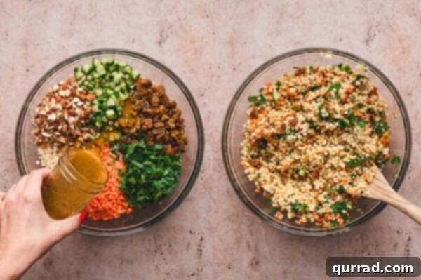 Pouring curry vinaigrette over couscous salad
