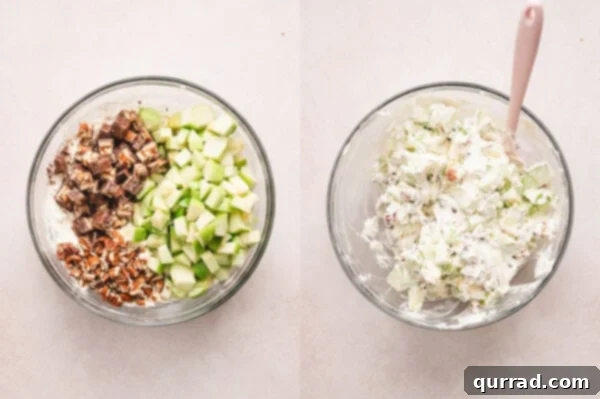 Diced Snickers and apples in a bowl on the left then the whipped cream cheese folded in on the right